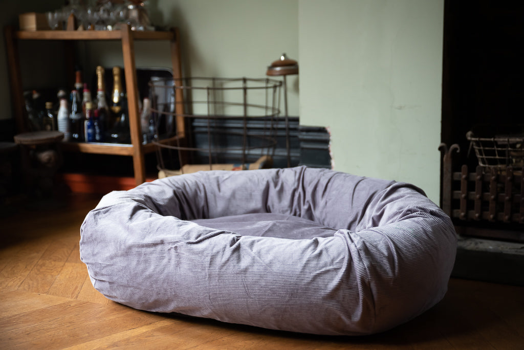 grey corduroy dog bed