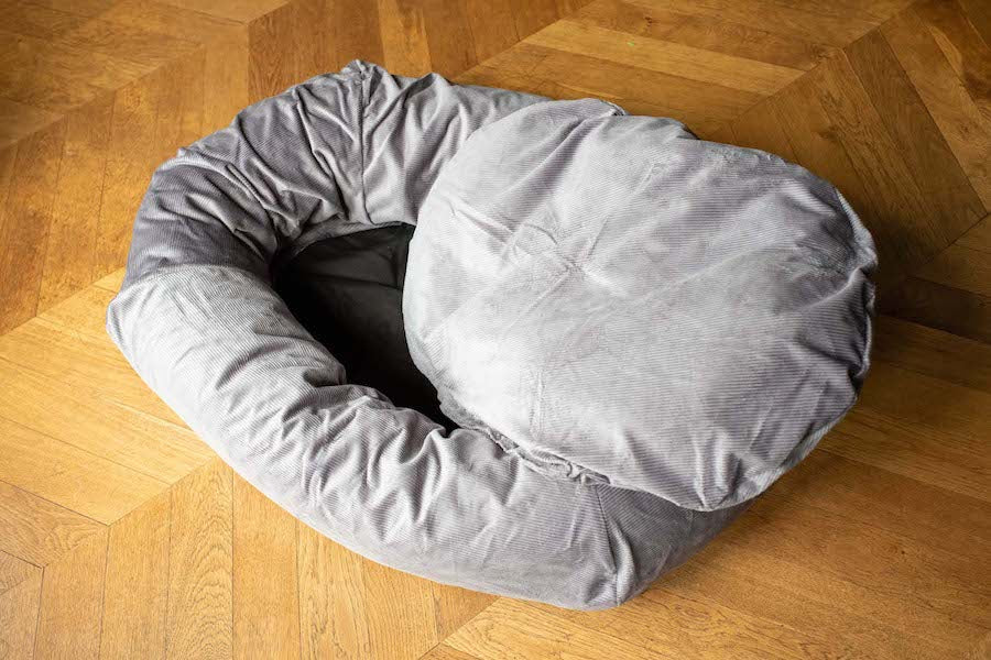 grey dog bed with washable corduroy cover