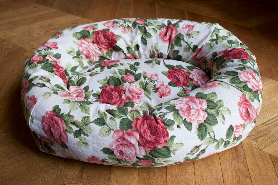 red and white floral dog bed